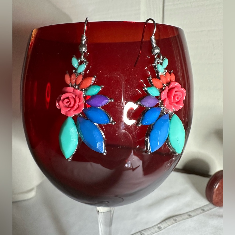 Pretty pink rose flower earrings with rainbow colors